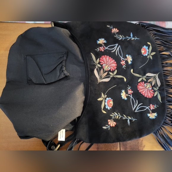 Y2K Black Embroidered Fringe Shoulder Bag Boho 90s Floral Suede Look - Picture 5 of 15